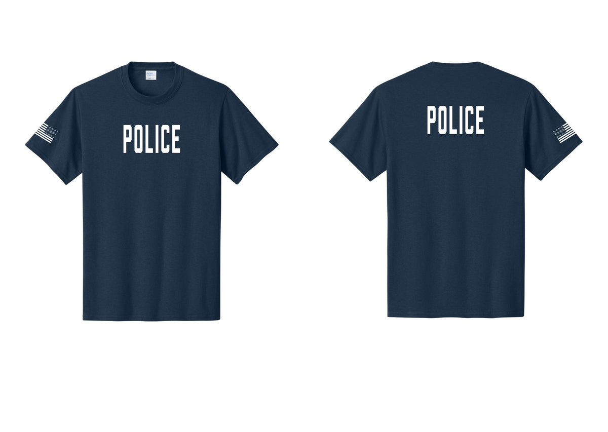 NYC Factory Police T-Shirt, Condensed Lettering - Front + Back + US Flag Sleeve - Navy