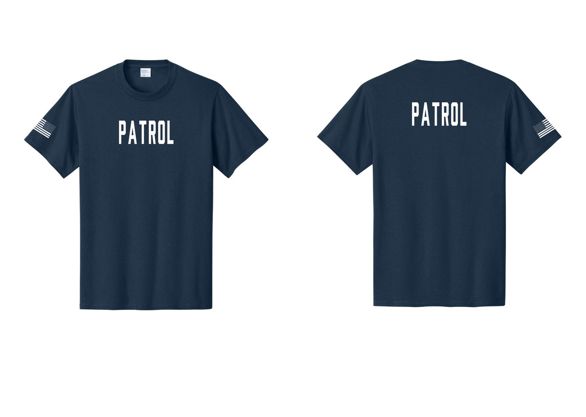 NYC Factory Patrol T-Shirt for Security & Event Teams (Classic) - Front + Back + US Flag Sleeve - Navy