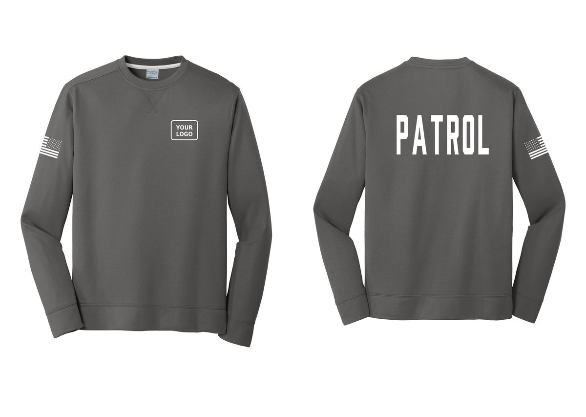 NYC Factory Custom Logo Patrol Performance Fleece Crewneck Sweatshirt (Classic) - Your Logo + Back + US Flag Sleeve - Charcoal