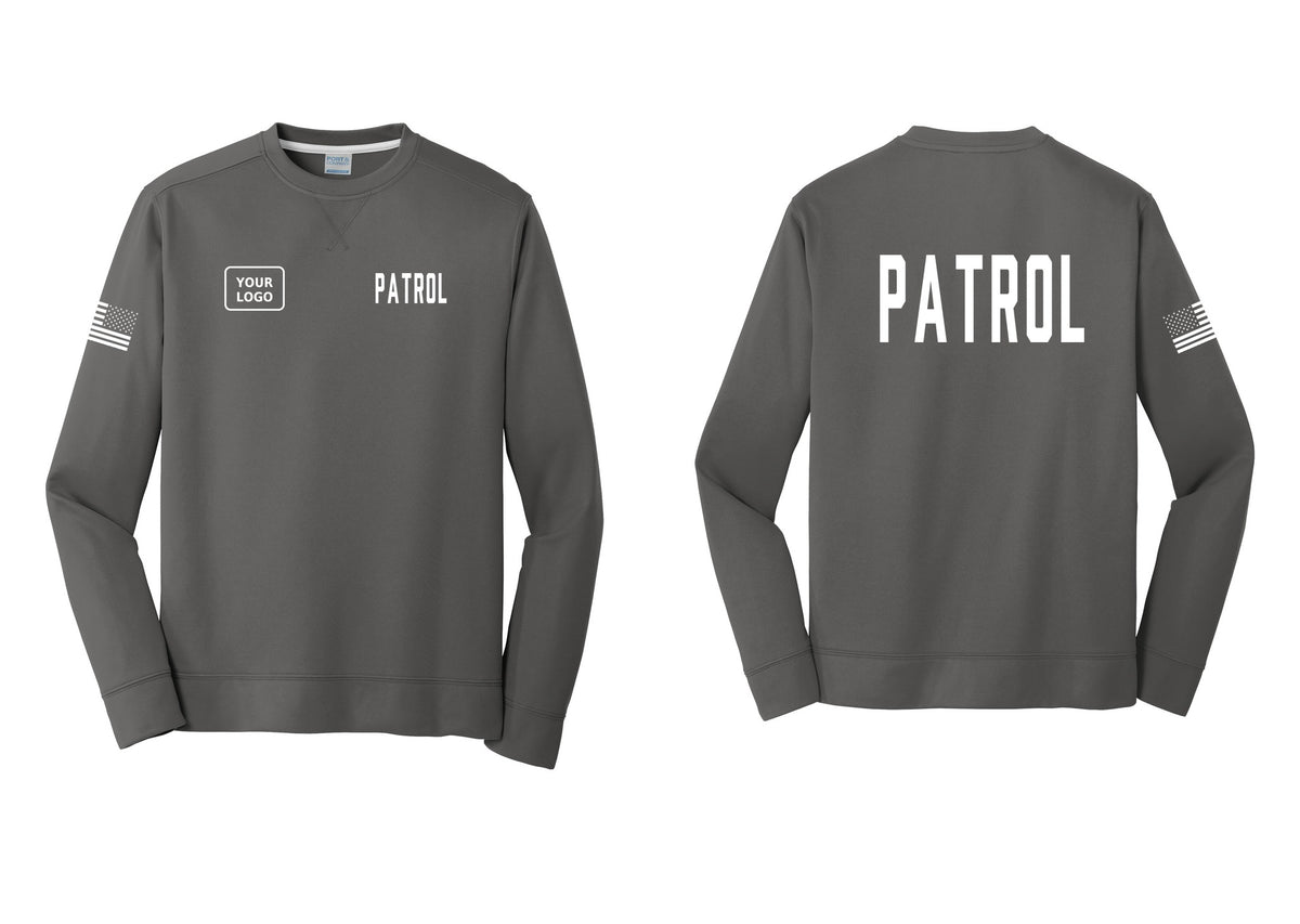 NYC Factory Custom Logo Patrol Performance Fleece Crewneck Sweatshirt (Classic) - PATROL + Your Logo + Back + US Flag Sleeve - Charcoal