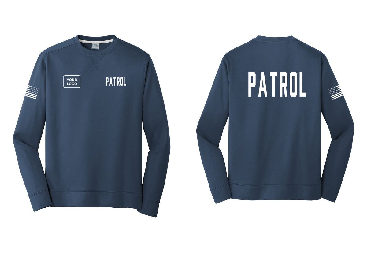 NYC Factory Custom Logo Patrol Performance Fleece Crewneck Sweatshirt (Classic) - PATROL + Your Logo + Back + US Flag Sleeve - Navy