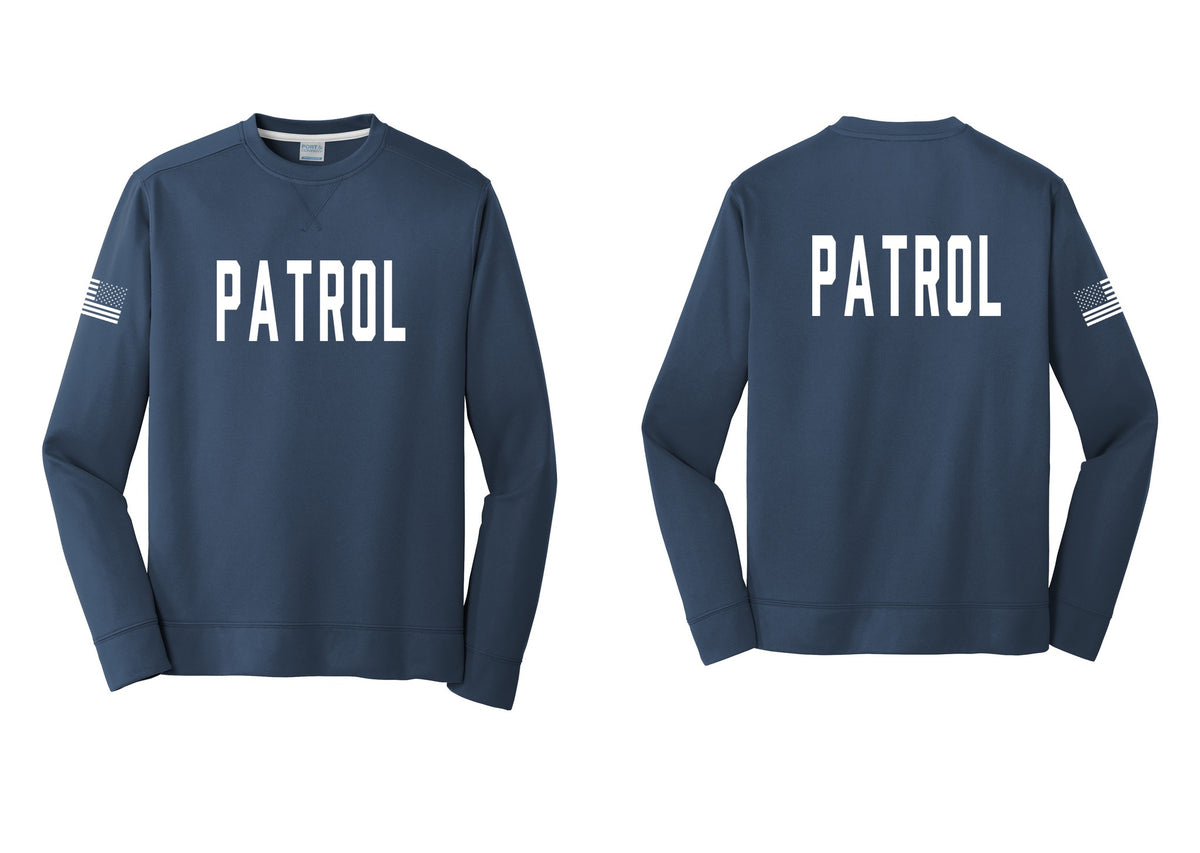 NYC Factory Patrol Performance Fleece Crewneck Sweatshirt (Classic) - Front + Back + US Flag Sleeve - Navy