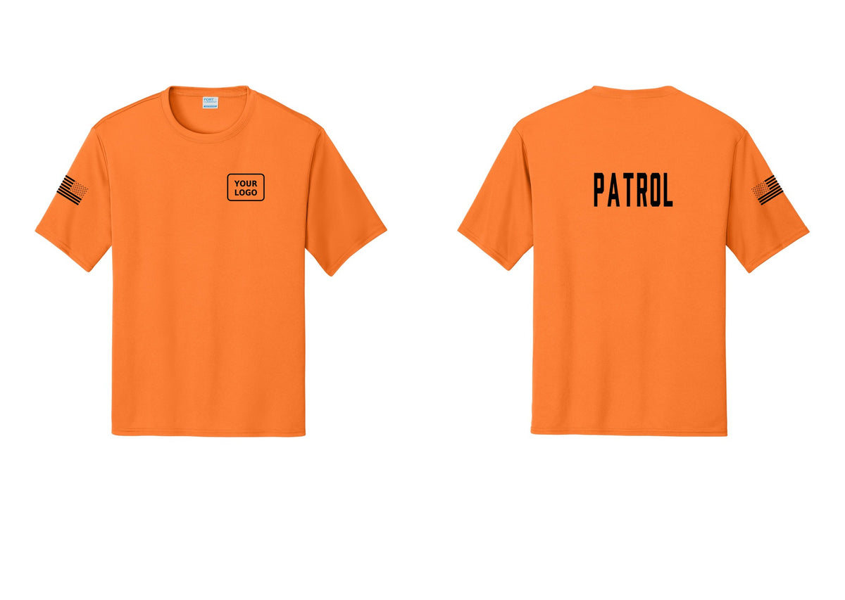 NYC Factory Custom Logo Patrol Performance T-Shirt (Classic) - Your Logo + Back + US Flag Sleeve - Neon Orange
