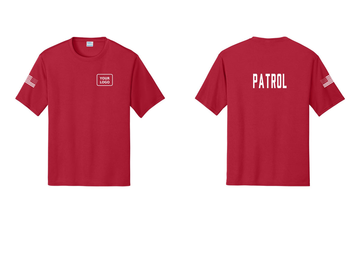 NYC Factory Custom Logo Patrol Performance T-Shirt (Classic) - Your Logo + Back + US Flag Sleeve - Red