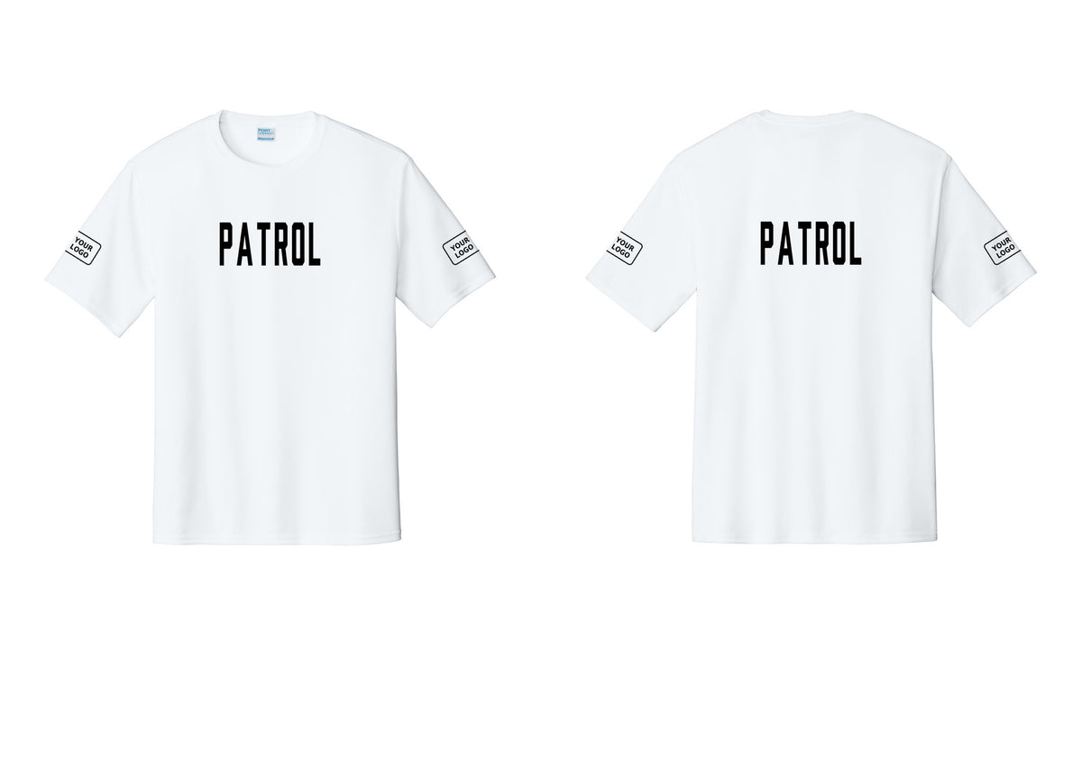 NYC Factory Custom Logo Patrol Performance T-Shirt (Classic) - Front + Back + Your Logo Sleeves - White