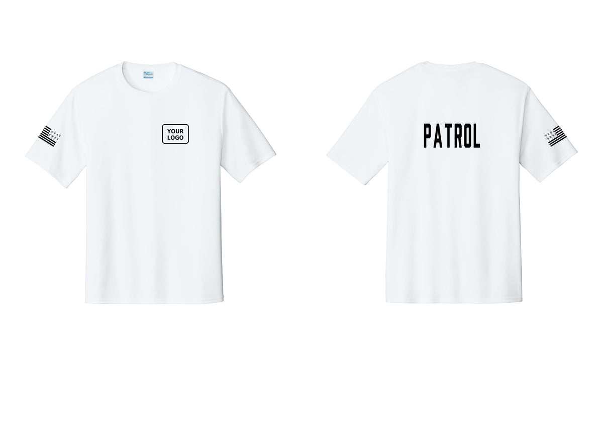 NYC Factory Custom Logo Patrol Performance T-Shirt (Classic) - Your Logo + Back + US Flag Sleeve - White