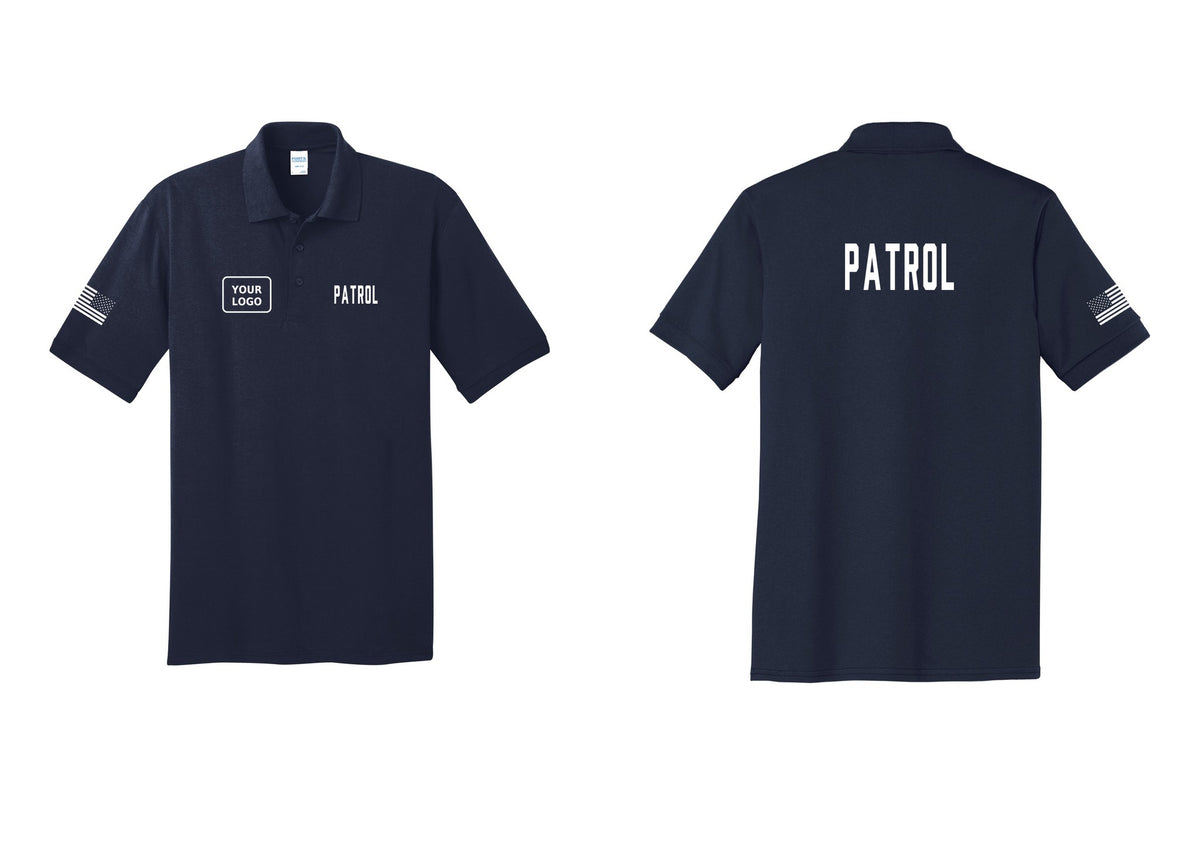 NYC Factory Custom Logo Patrol Polo Shirt (Classic) - PATROL + Your Logo + Back + US Flag Sleeve - Navy