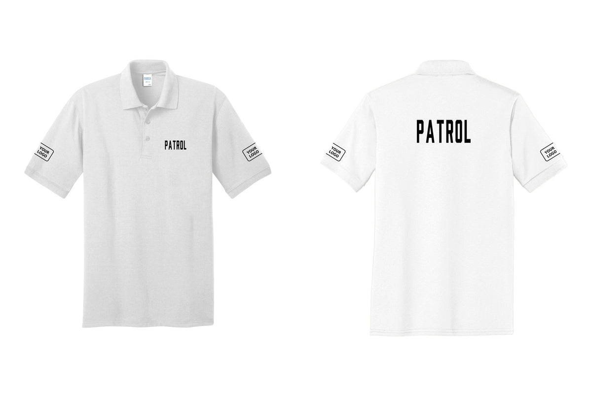 NYC Factory Custom Logo Patrol Polo Shirt (Classic) - Chest + Back + Your Logo Sleeves - White