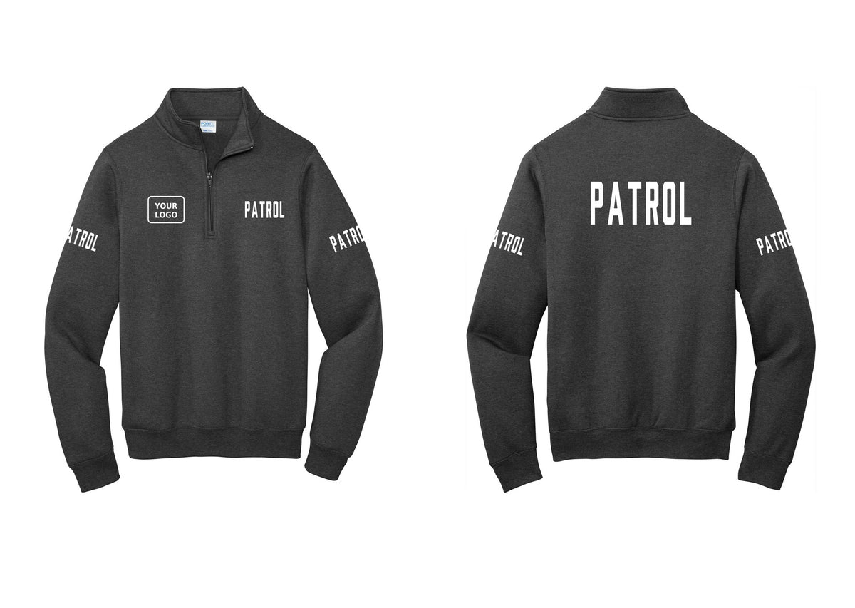 NYC Factory Custom Logo Patrol Cotton Fleece 1/4-Zip Pullover Sweatshirt (Classic) - PATROL + Your Logo + Back + Patrol Sleeves - Dark Heather Grey