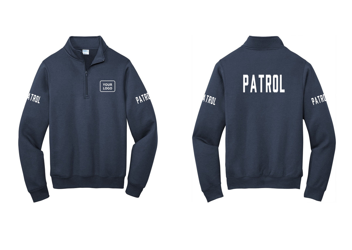 NYC Factory Custom Logo Patrol Cotton Fleece 1/4-Zip Pullover Sweatshirt (Classic) - Your Logo + Back + Patrol Sleeves - Navy
