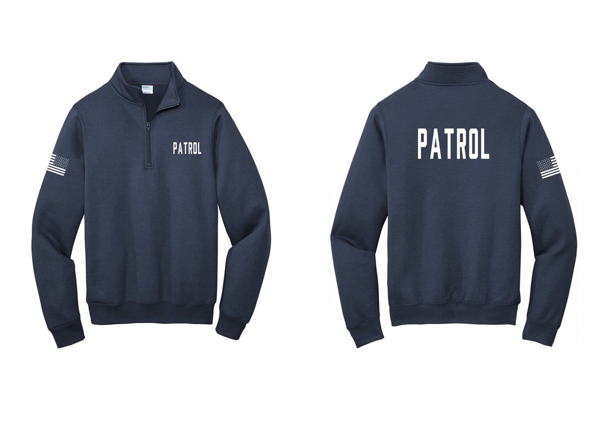 NYC Factory Patrol Cotton Fleece 1/4-Zip Pullover Sweatshirt (Classic) - Chest + Back + US Flag Sleeve - Navy
