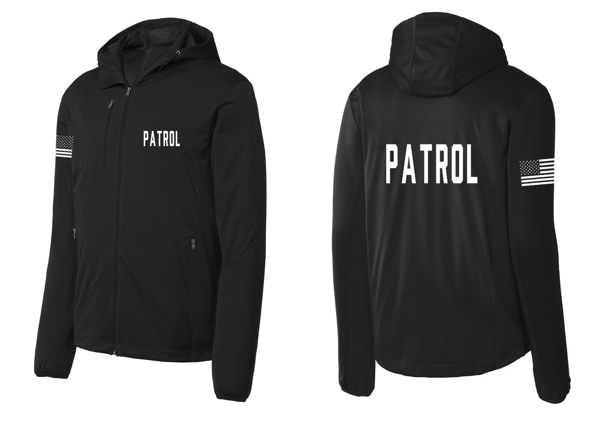 NYC Factory Patrol Soft Shell Hooded Jacket (Classic) - Chest + Back + US Flag Sleeve - Deep Black
