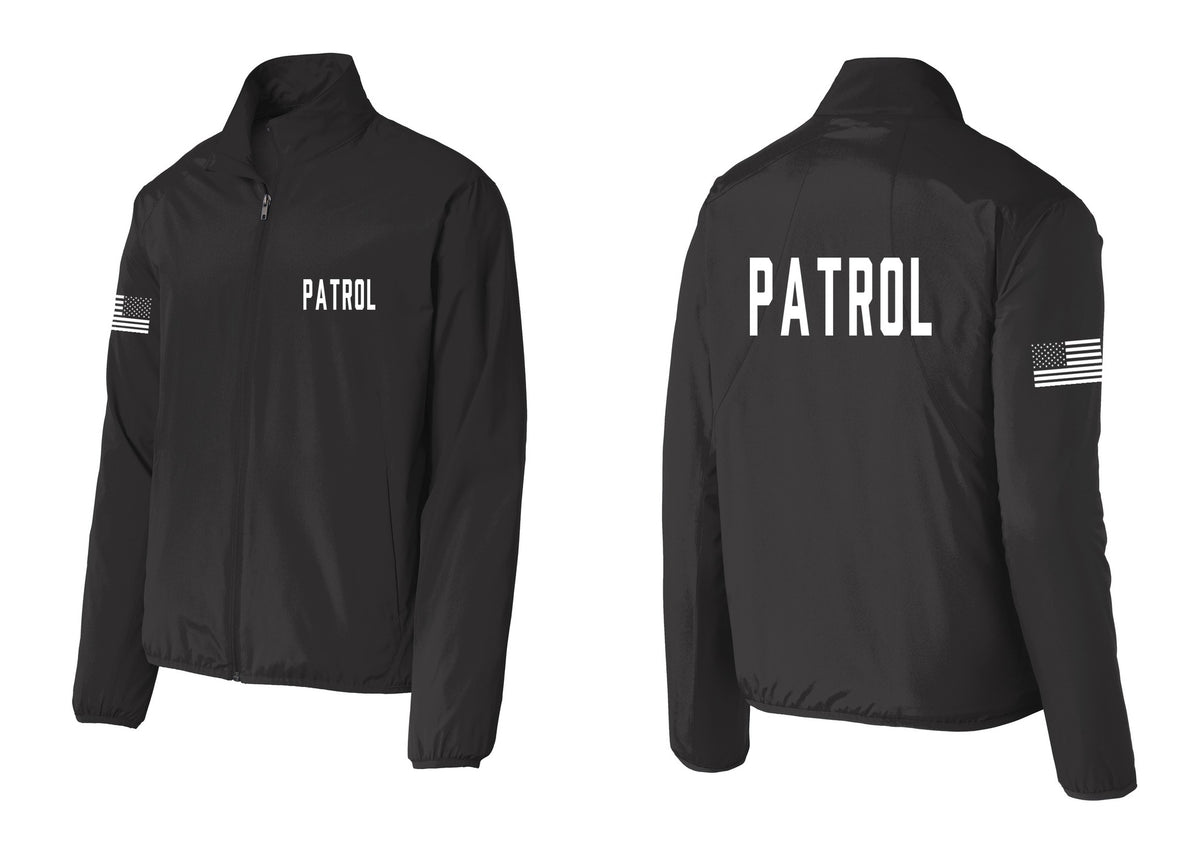 NYC Factory Patrol Windbreaker Full-Zip Jacket (Classic) - Chest + Back + US Flag Sleeve - Black