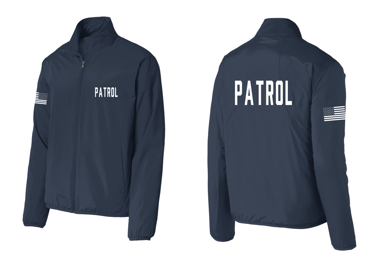 NYC Factory Patrol Windbreaker Full-Zip Jacket (Classic) - Chest + Back + US Flag Sleeve - Dress Blue Navy