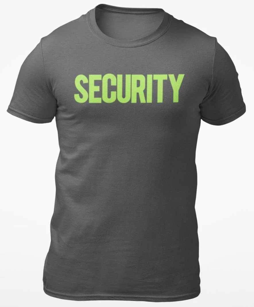 Security T-Shirt Front Back Print Men's Tee (Solid Design, Charcoal / Neon)