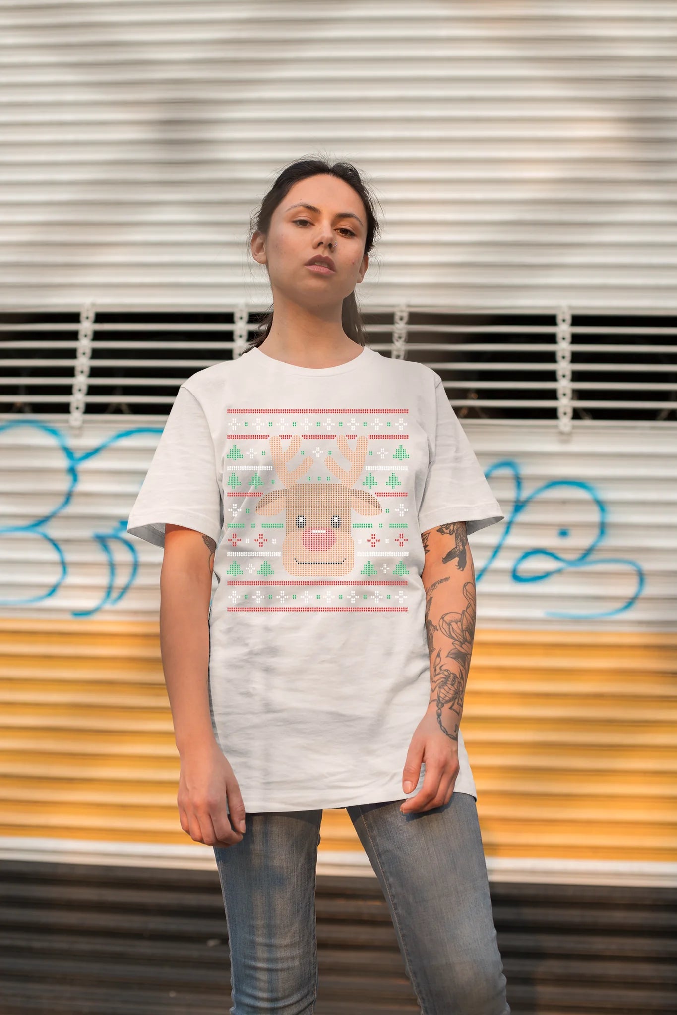 Ugly Xmas Reindeer Design Custom T-Shirt White