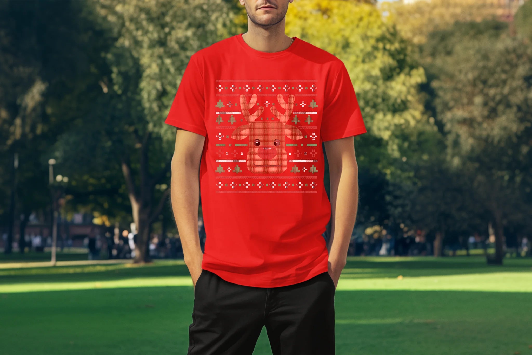 Ugly Xmas Reindeer Design Custom T-Shirt Red