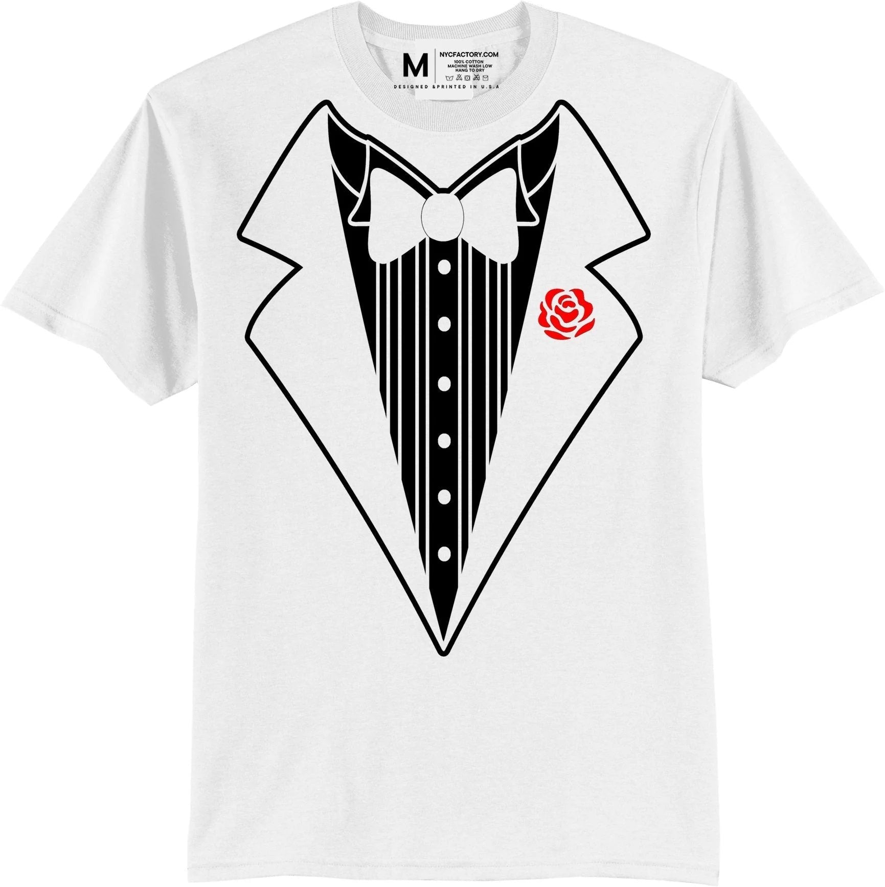 Men's Funny Tuxedo T-Shirt (White, Bowtie & Rose)