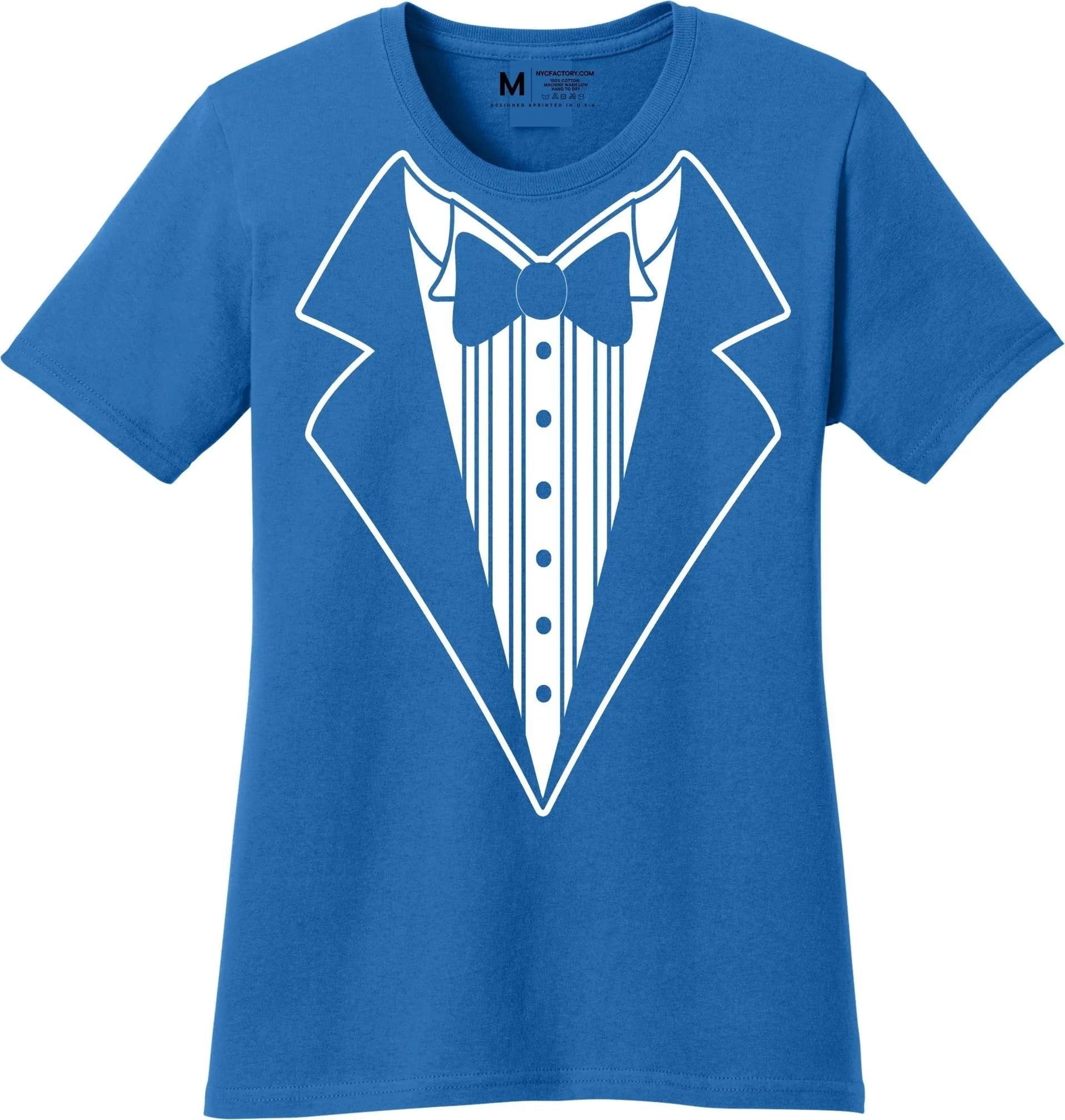 Ladies Faux Tuxedo T-Shirt (Royal Blue, Bowtie)