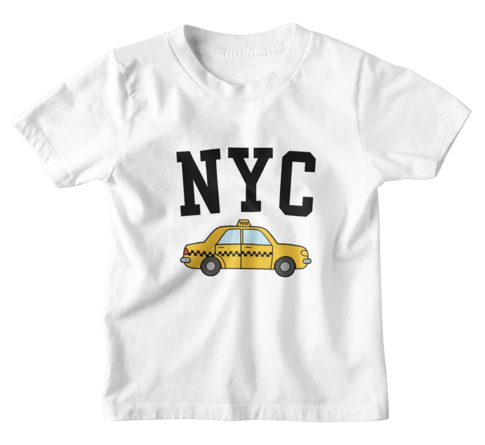 White kids t-shirt with 'NYC' and a taxi graphic on a white background