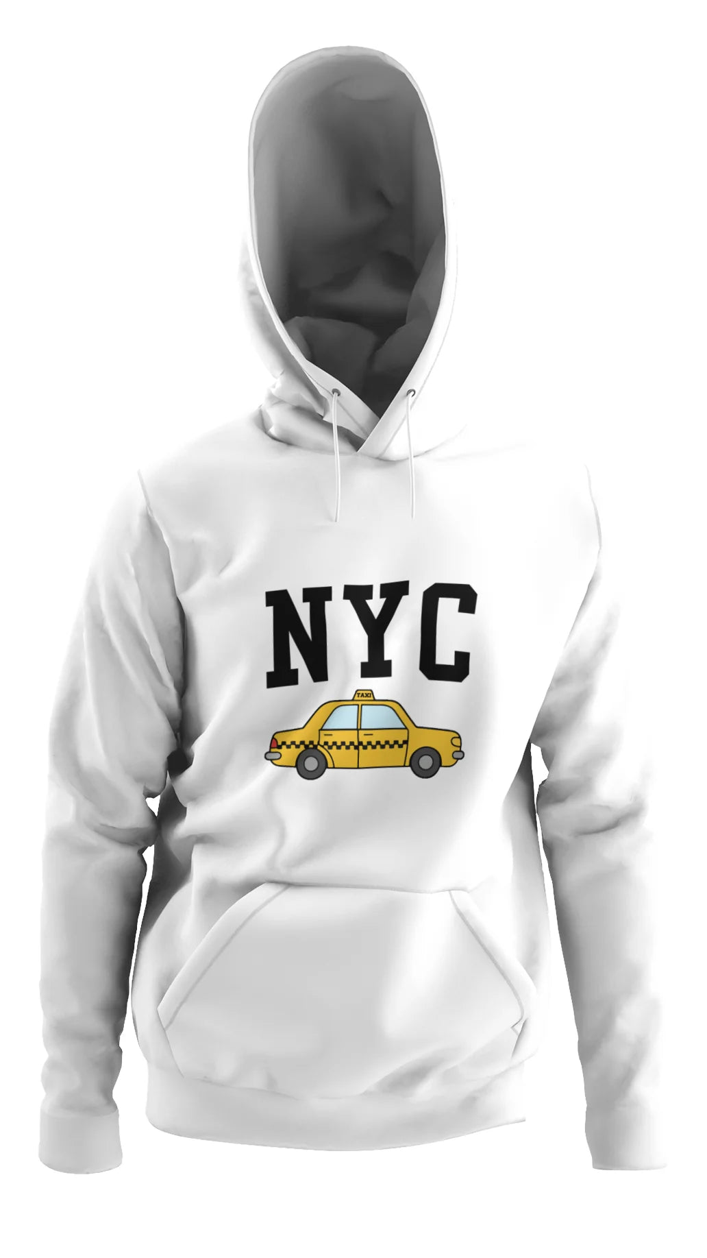 Mens White hoodie with 'NYC' and taxi graphic on a white background