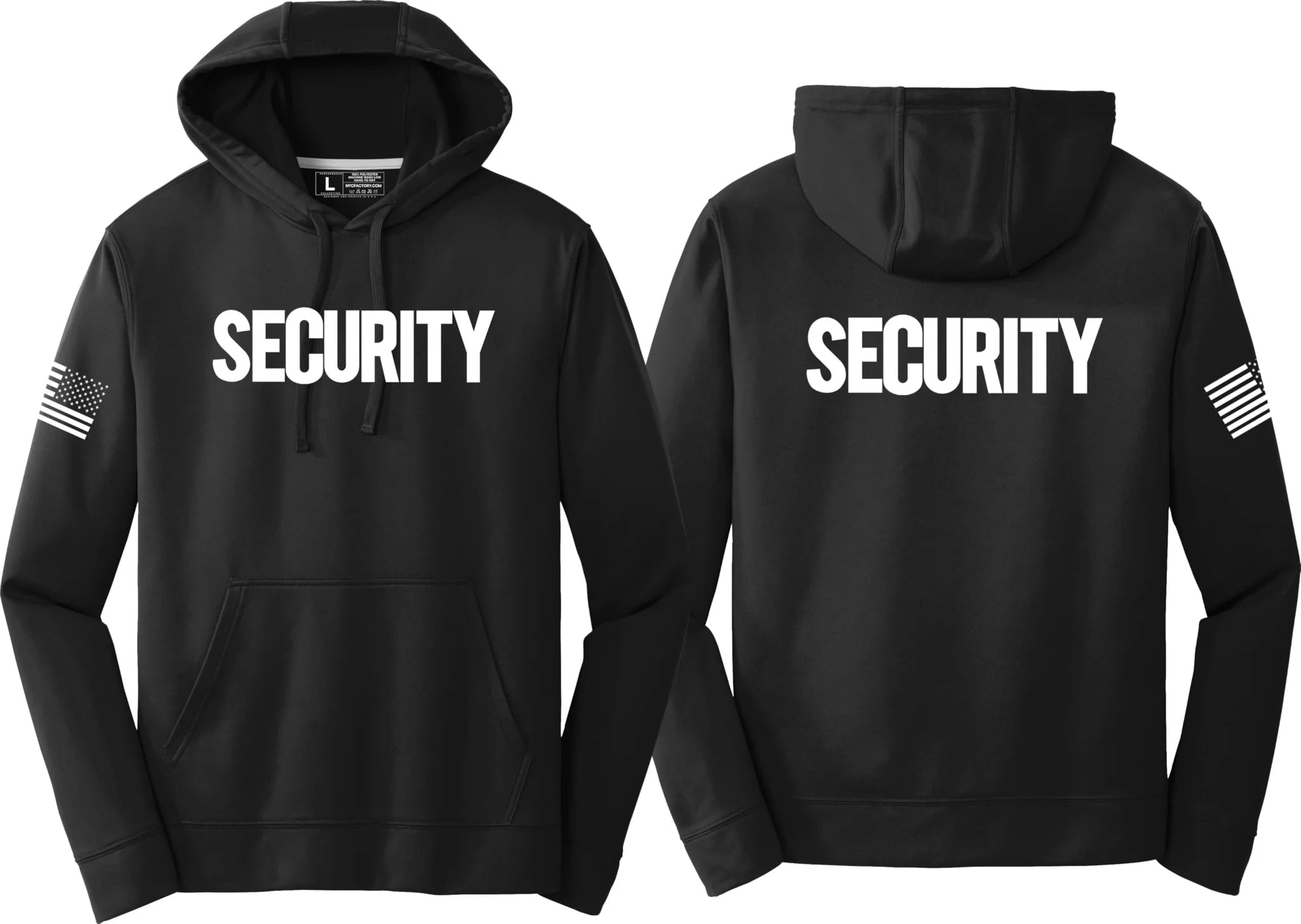 Black hoodie with 'SECURITY' text on front and sleeve, usa flag sleeve