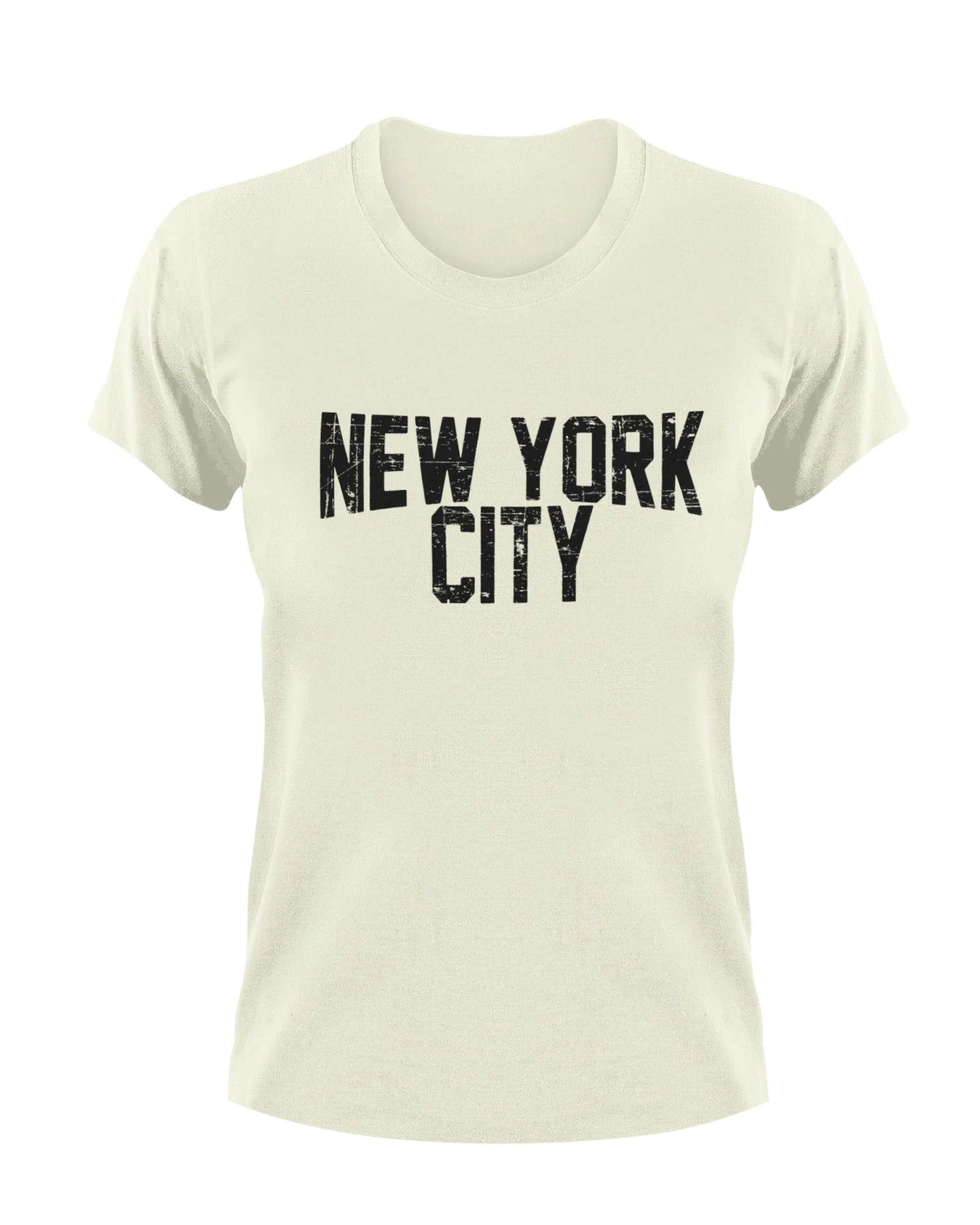 Beige t-shirt with distressed 'New York City' text on a white background