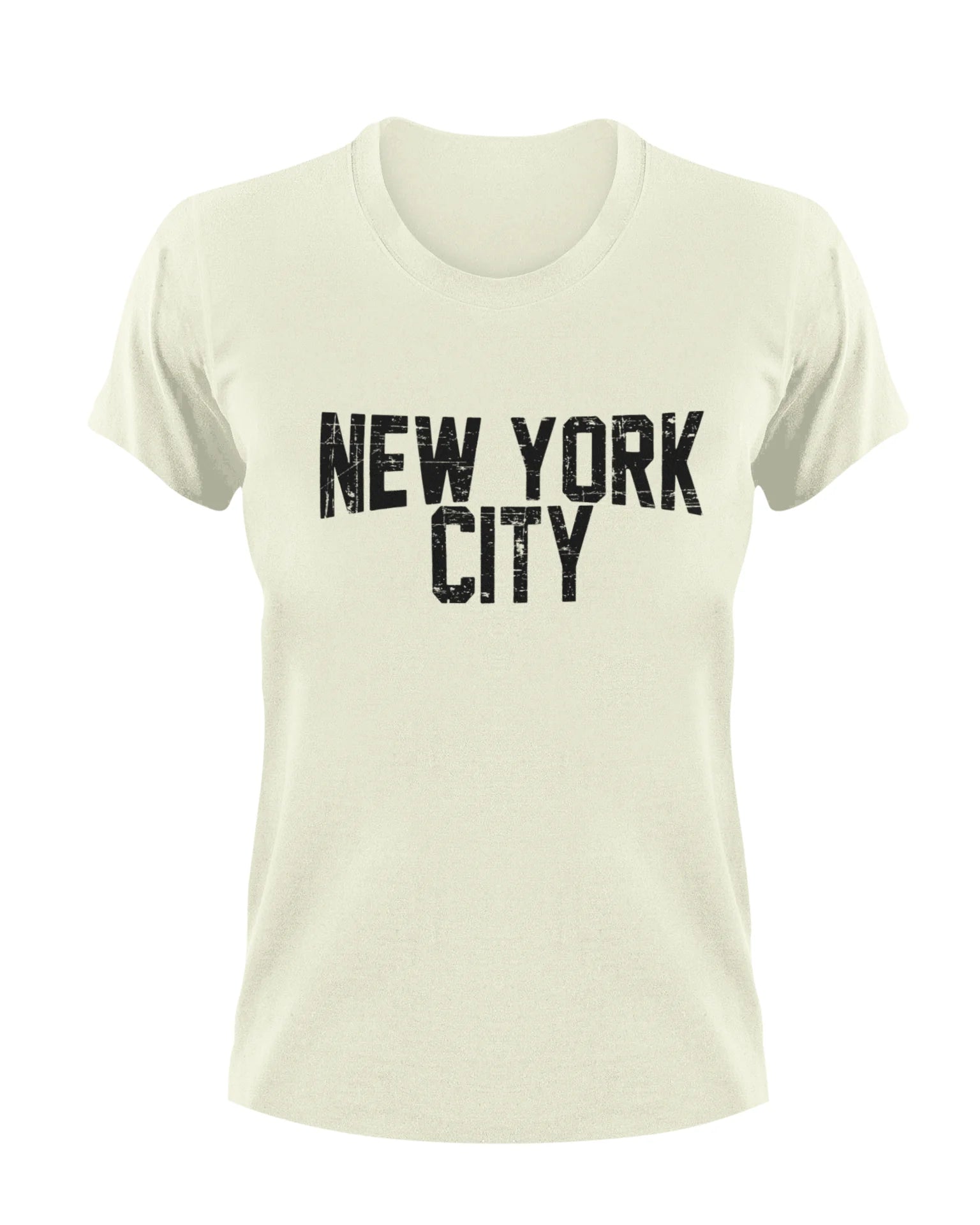 Beige t-shirt with distressed 'New York City' text on a white background