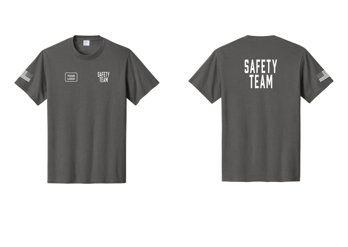 NYC Factory Custom Logo Safety Team T-Shirt for Events, Venues & Volunteers (Classic) - SAFETY TEAM + Your Logo + Back + US Flag Sleeve - Charcoal