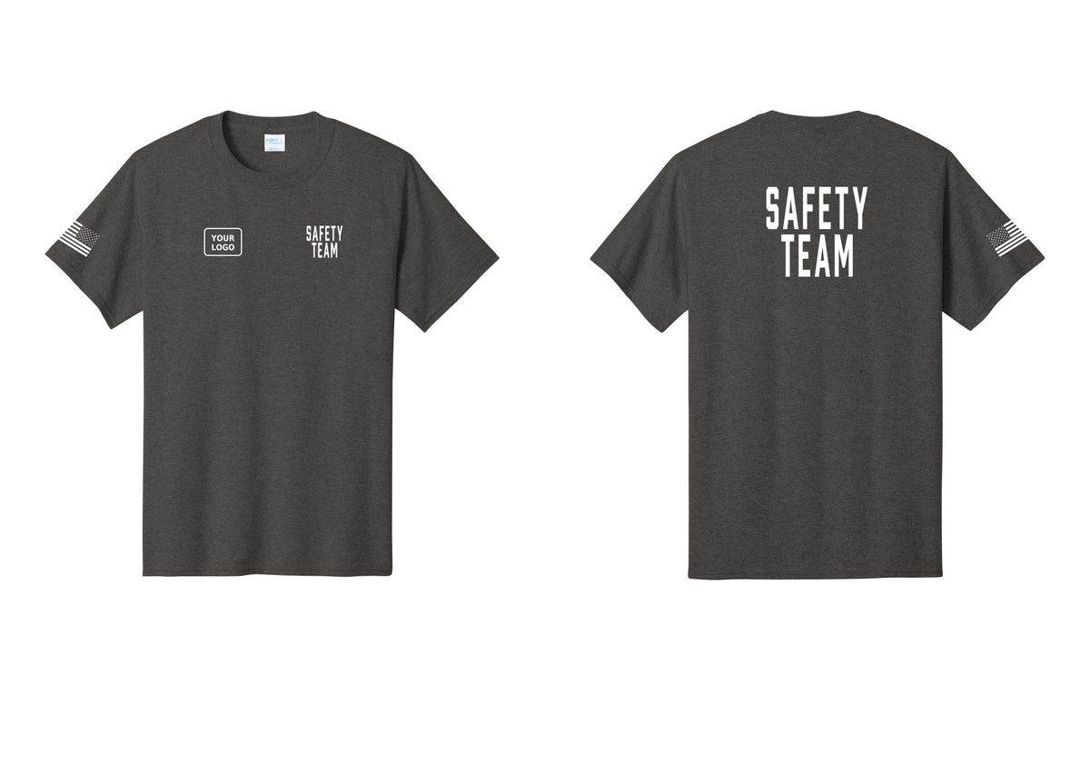 NYC Factory Custom Logo Safety Team T-Shirt for Events, Venues & Volunteers (Classic) - SAFETY TEAM + Your Logo + Back + US Flag Sleeve - Dark Heather Grey