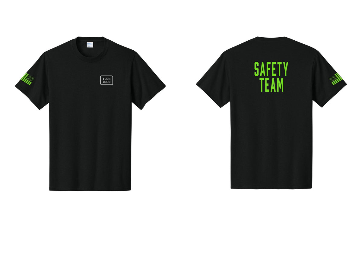 NYC Factory Custom Logo Safety Team T-Shirt for Events, Venues & Volunteers (Classic) - Your Logo + Back + US Flag Sleeve - Black / Neon