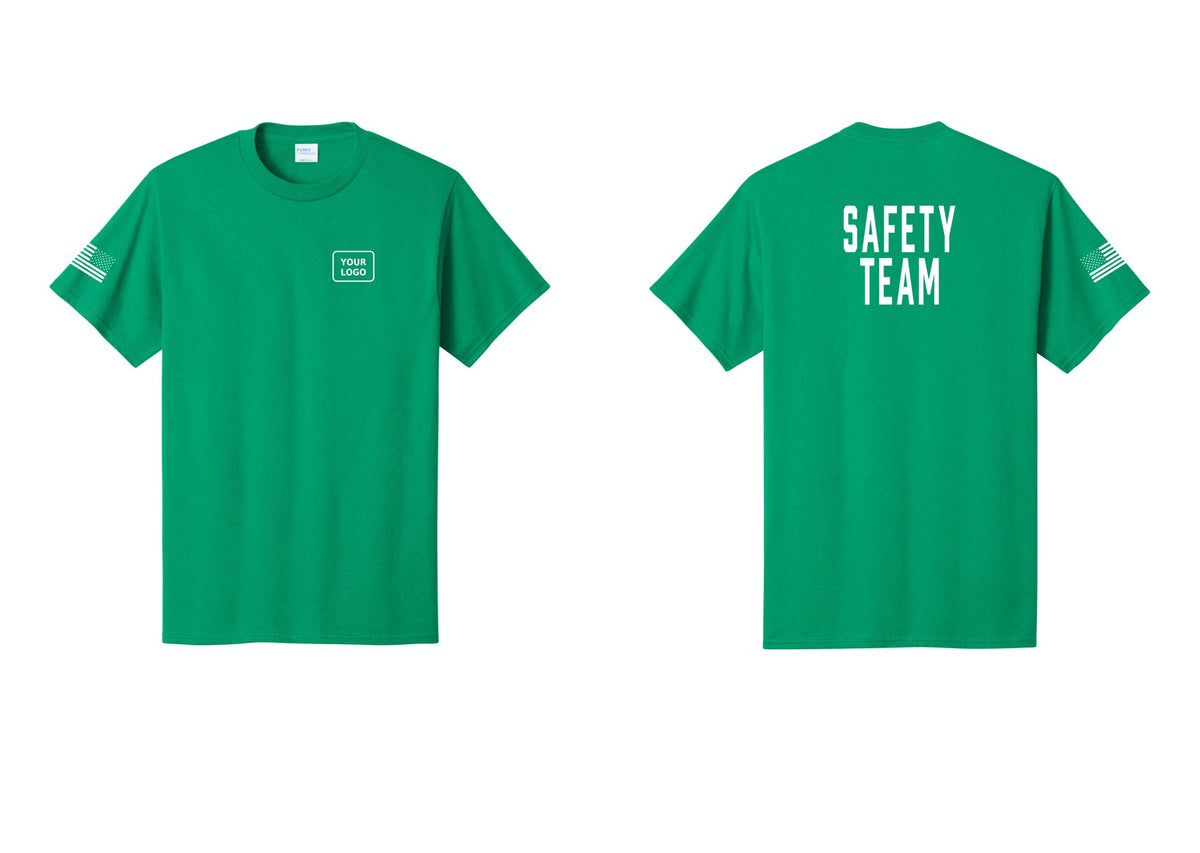NYC Factory Custom Logo Safety Team T-Shirt for Events, Venues & Volunteers (Classic) - Your Logo + Back + US Flag Sleeve - Kelly