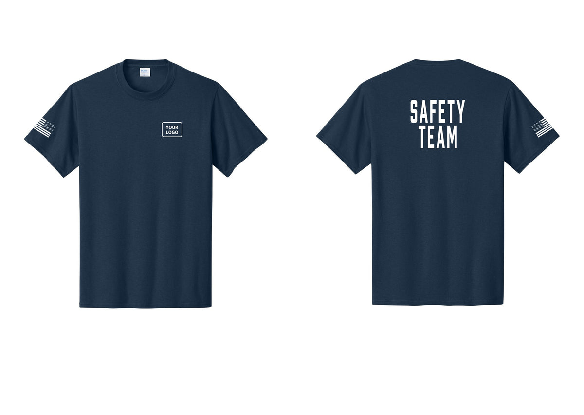 NYC Factory Custom Logo Safety Team T-Shirt for Events, Venues & Volunteers (Classic) - Your Logo + Back + US Flag Sleeve - Navy