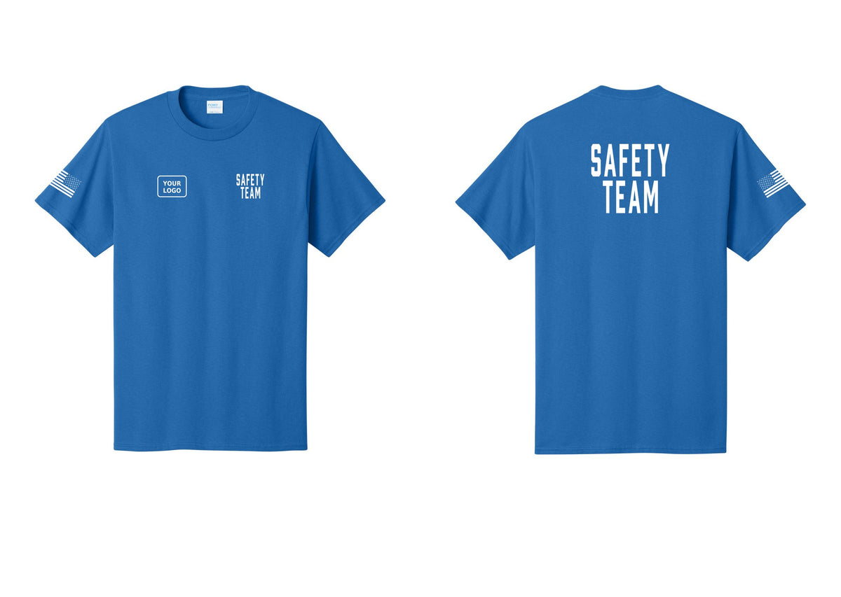 NYC Factory Custom Logo Safety Team T-Shirt for Events, Venues & Volunteers (Classic) - SAFETY TEAM + Your Logo + Back + US Flag Sleeve - Royal