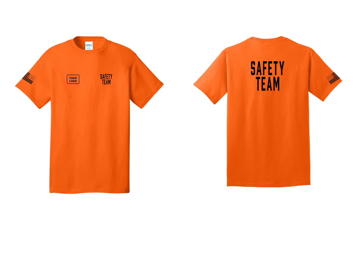 NYC Factory Custom Logo Safety Team T-Shirt for Events, Venues & Volunteers (Classic) - SAFETY TEAM + Your Logo + Back + US Flag Sleeve - Safety Orange