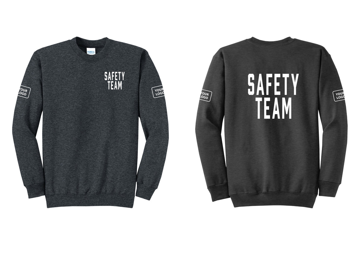 NYC Factory Custom Logo Safety Team Cotton Fleece Crewneck Sweatshirt (Classic) - Chest + Back + Your Logo Sleeves - Dark Heather Grey
