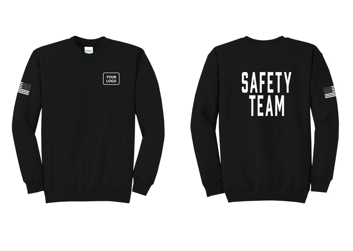 NYC Factory Custom Logo Safety Team Cotton Fleece Crewneck Sweatshirt (Classic) - Your Logo + Back + US Flag Sleeve - Black