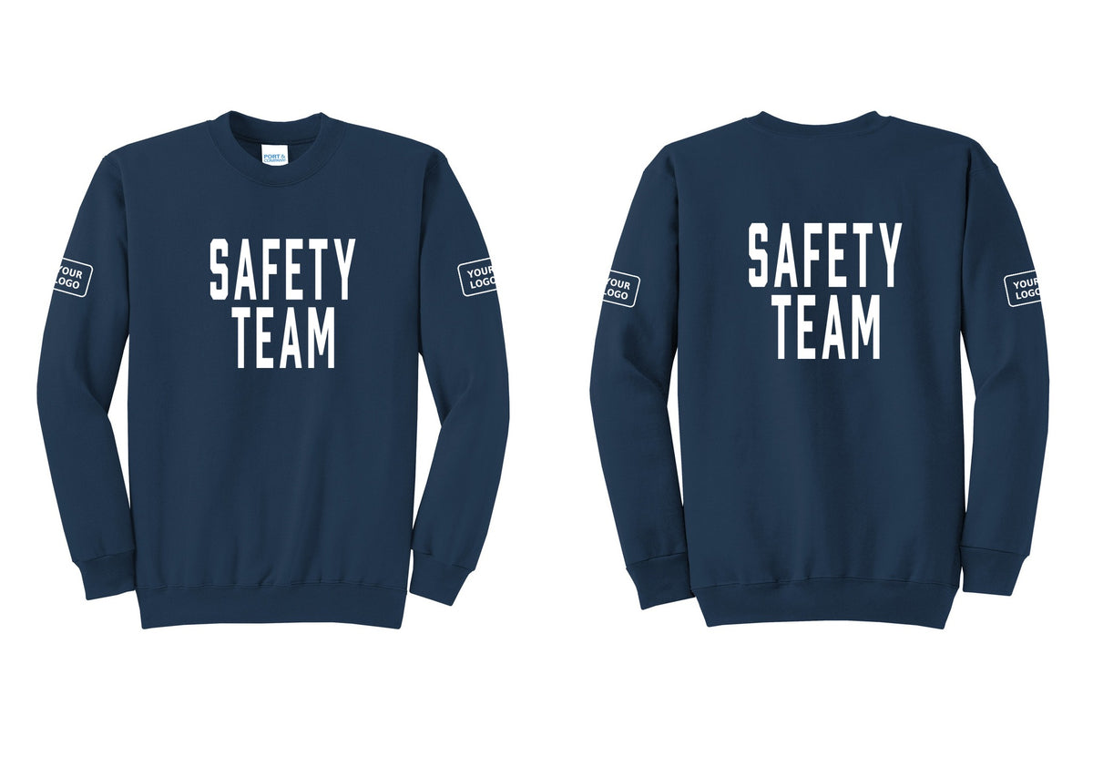 NYC Factory Custom Logo Safety Team Cotton Fleece Crewneck Sweatshirt (Classic) - Front + Back + Your Logo Sleeves - Navy