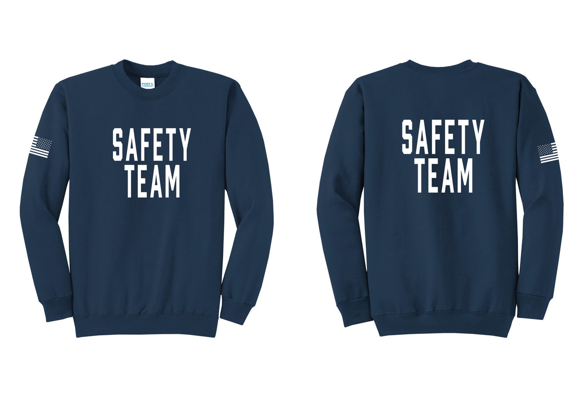 NYC Factory Safety Team Cotton Fleece Crewneck Sweatshirt (Classic) - Front + Back + US Flag Sleeve - Navy