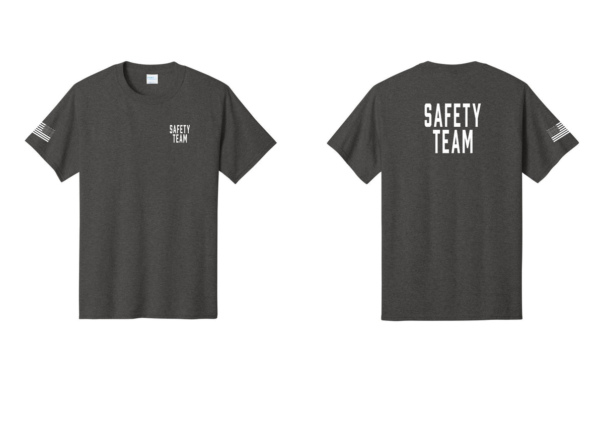 NYC Factory Safety Team T-Shirt for Events, Venues & Volunteers (Classic) - Chest + Back + US Flag Sleeve - Dark Heather Grey