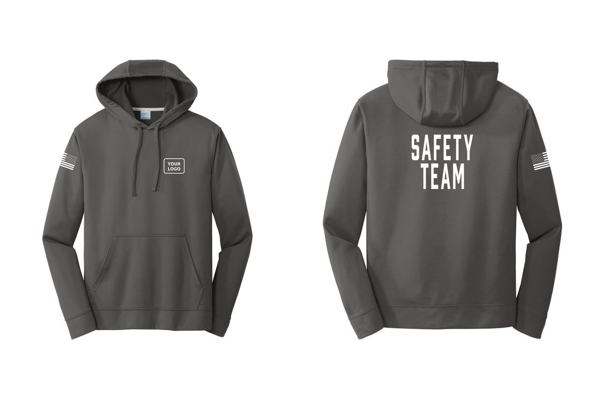 NYC Factory Custom Logo Safety Team Performance Hooded Fleece Pullover Sweatshirt (Classic) - Your Logo + Back + US Flag Sleeve - Charcoal