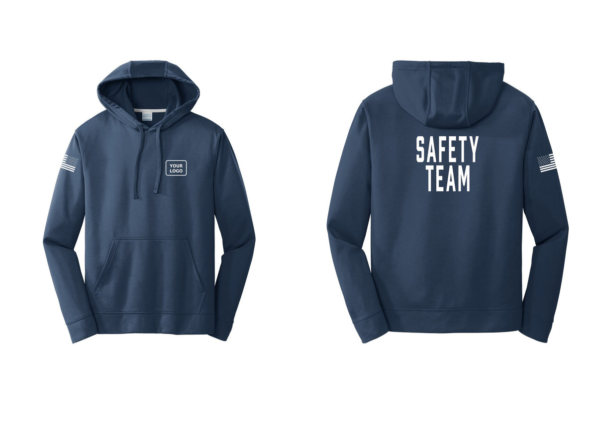 NYC Factory Custom Logo Safety Team Performance Hooded Fleece Pullover Sweatshirt (Classic) - Your Logo + Back + US Flag Sleeve - Navy