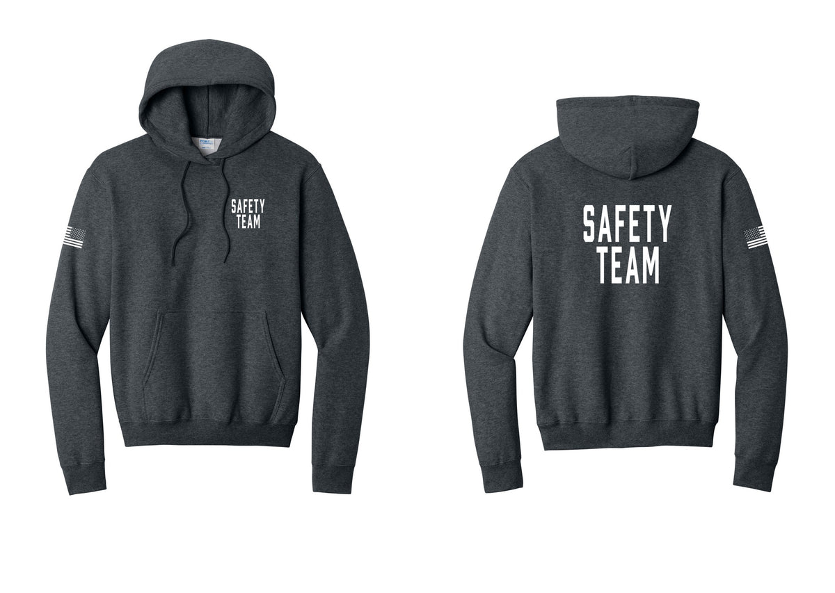 NYC Factory Safety Team Cotton Fleece Pullover Hoodie (Classic) - Chest + Back + US Flag Sleeve - Dark Heather Grey