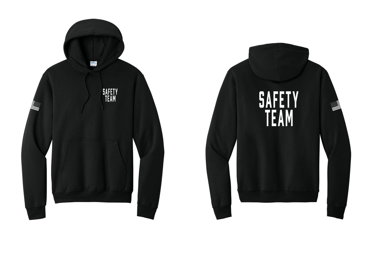NYC Factory Safety Team Cotton Fleece Pullover Hoodie (Classic) - Chest + Back + US Flag Sleeve - Black