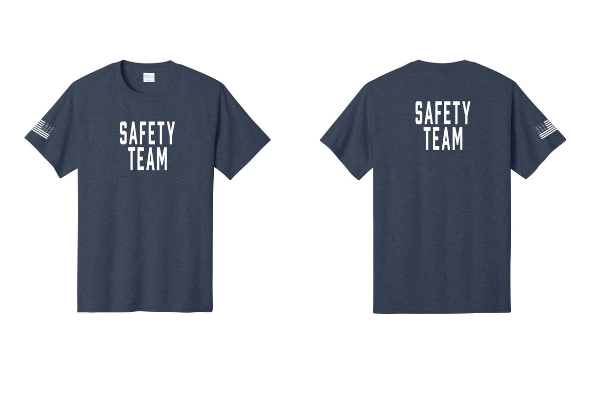 NYC Factory Safety Team T-Shirt for Events, Venues & Volunteers (Classic) - Front + Back + US Flag Sleeve - Heather Navy