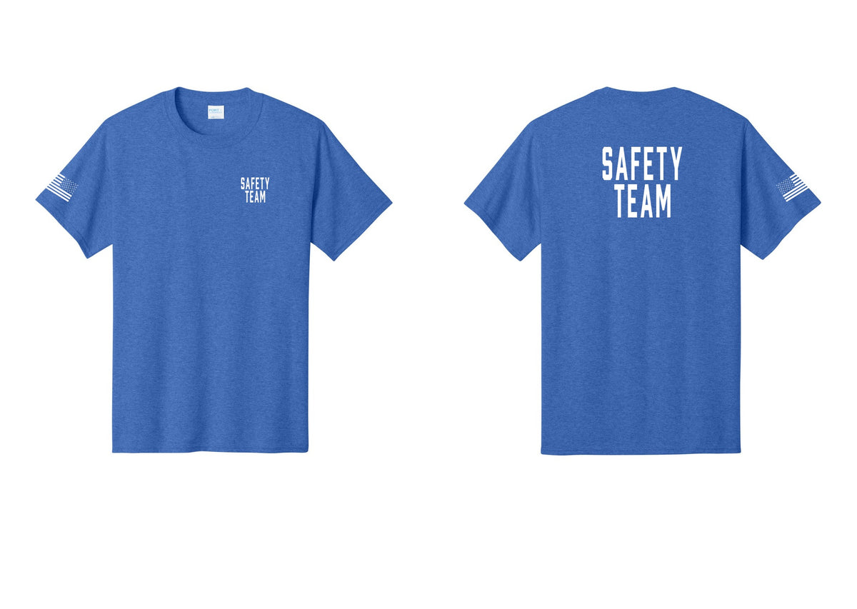 NYC Factory Safety Team T-Shirt for Events, Venues & Volunteers (Classic) - Chest + Back + US Flag Sleeve - Heather Royal