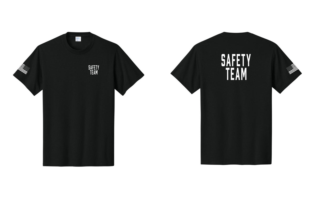 NYC Factory Safety Team T-Shirt for Events, Venues & Volunteers (Classic) - Chest + Back + US Flag Sleeve - Black