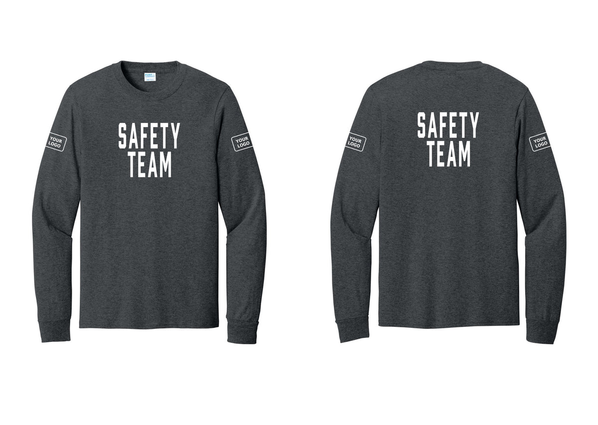 NYC Factory Custom Logo Safety Team Cotton Long Sleeve T-Shirt (Classic) - Front + Back + Your Logo Sleeves - Dark Heather Grey