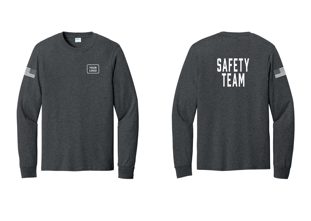 NYC Factory Custom Logo Safety Team Cotton Long Sleeve T-Shirt (Classic) - Your Logo + Back + US Flag Sleeve - Dark Heather Grey
