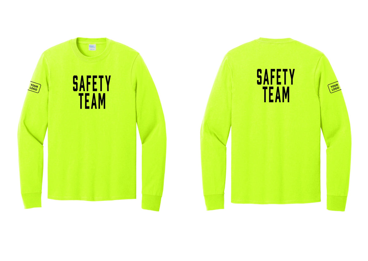 NYC Factory Custom Logo Safety Team Cotton Long Sleeve T-Shirt (Classic) - Front + Back + Your Logo Sleeve - Safety Green